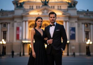 Elegancka para przed operą o zmierzchu w wieczorowych strojach, z oświetloną fasadą w tle.