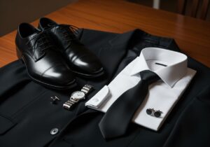 Elegancki strój pogrzebowy na drewnianym stole: garnitur, buty, krawat, koszula, zegarek, spinki.