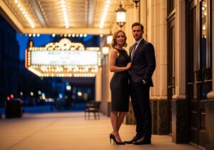 Elegancka para stoi przy wejściu do zabytkowego teatru wieczorem, w tle świecące światła szyldu.