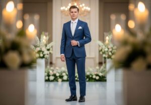 Mężczyzna w granatowym garniturze stoi pewnie na tle dekoracji weselnych i ciepłego oświetlenia.