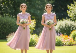Bridesmaid w sukience midi z koronką trzymająca bukiet kwiatów na tle ogrodu w naturalnym świetle