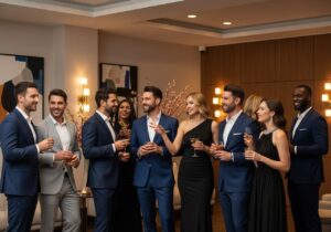 Grupa profesjonalistów w eleganckich strojach rozmawia i pije na firmowym przyjęciu w nowoczesnym wnętrzu