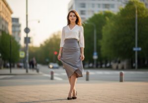 Młoda kobieta w białej bluzce i spódnicy ołówkowej na ulicy miasta podczas złotej godziny