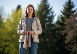 Młoda kobieta w lekkiej kurtce i dżinsach trzyma szalik na tle zielonych drzew wiosenną pogodą.