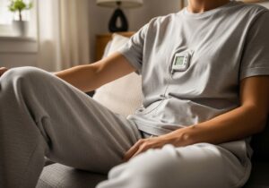 Osoba na kanapie w szarej koszulce z widocznym pod nią monitorem Holter EKG, naturalne światło.