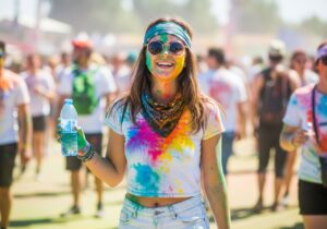Młoda kobieta na festiwalu kolorów w białej odzieży pokrytej barwnym proszkiem, uśmiechnięta w słoneczny dzień