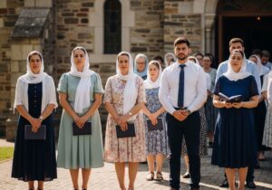 Grupa ludzi przed kamiennym kościołem w skromnych ubraniach, kobiety w chustach, mężczyźni z książkami hymnów