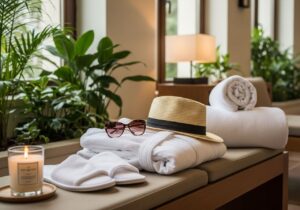 Hotelowe spa z białym szlafrokiem, kapciami, kapeluszem, okularami, ręcznikiem i świecą na drewnianej ławce