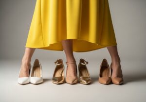 Kobieta w żółtej sukience prezentuje różne stylowe buty na neutralnym tle, widoczne detale tkanin i kolorów.