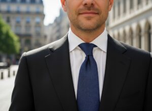 Mężczyzna w klasycznym czarnym garniturze i granatowym krawacie na tle miejskim.