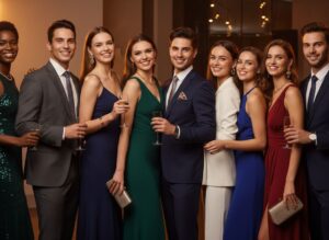 Młodzi ludzie na wieczornej imprezie w nowoczesnym wnętrzu, ubrani w eleganckie stylizacje, uśmiechnięci.